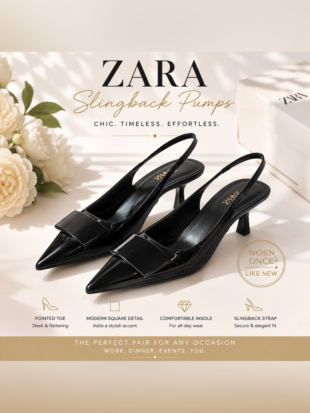 ZARA Black Patent Slingback Heels with Square Detail